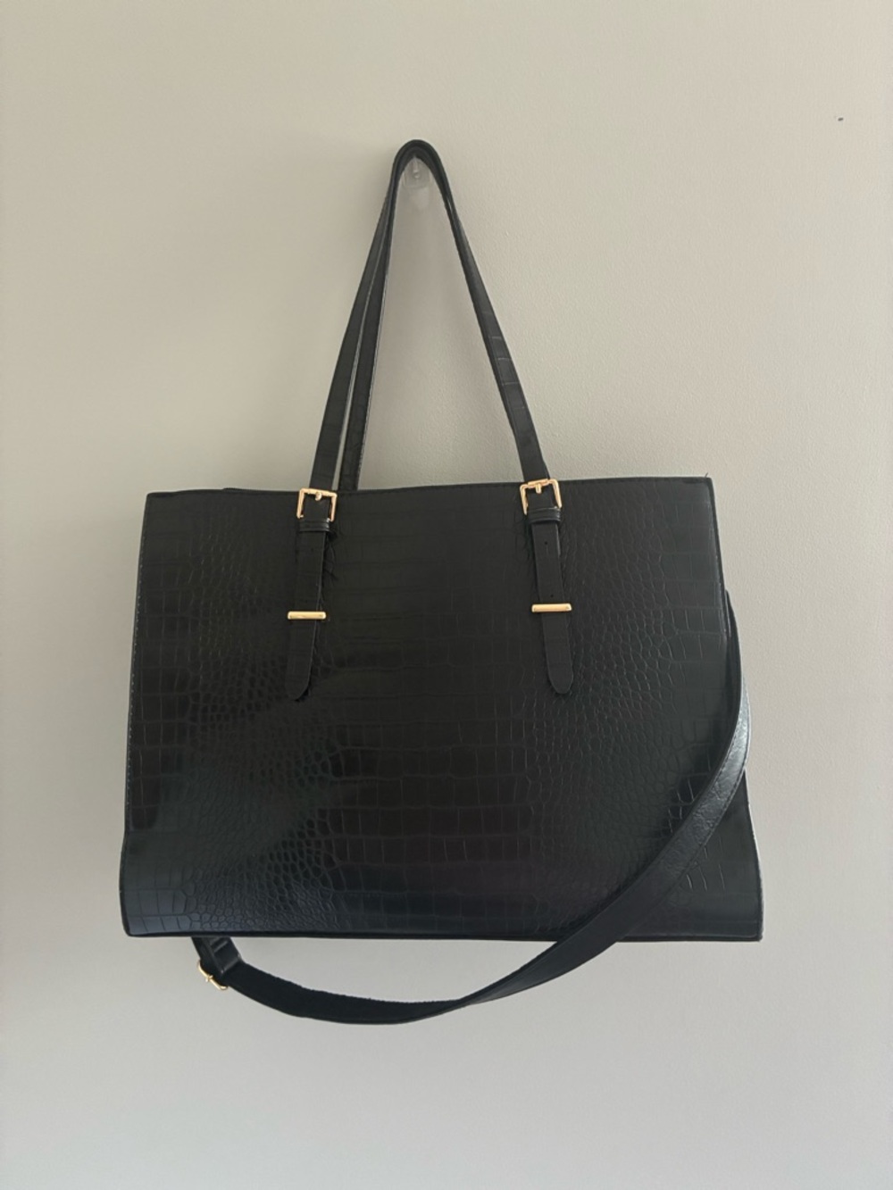 Black Croc-Embossed Tote Bag with Gold Hardware